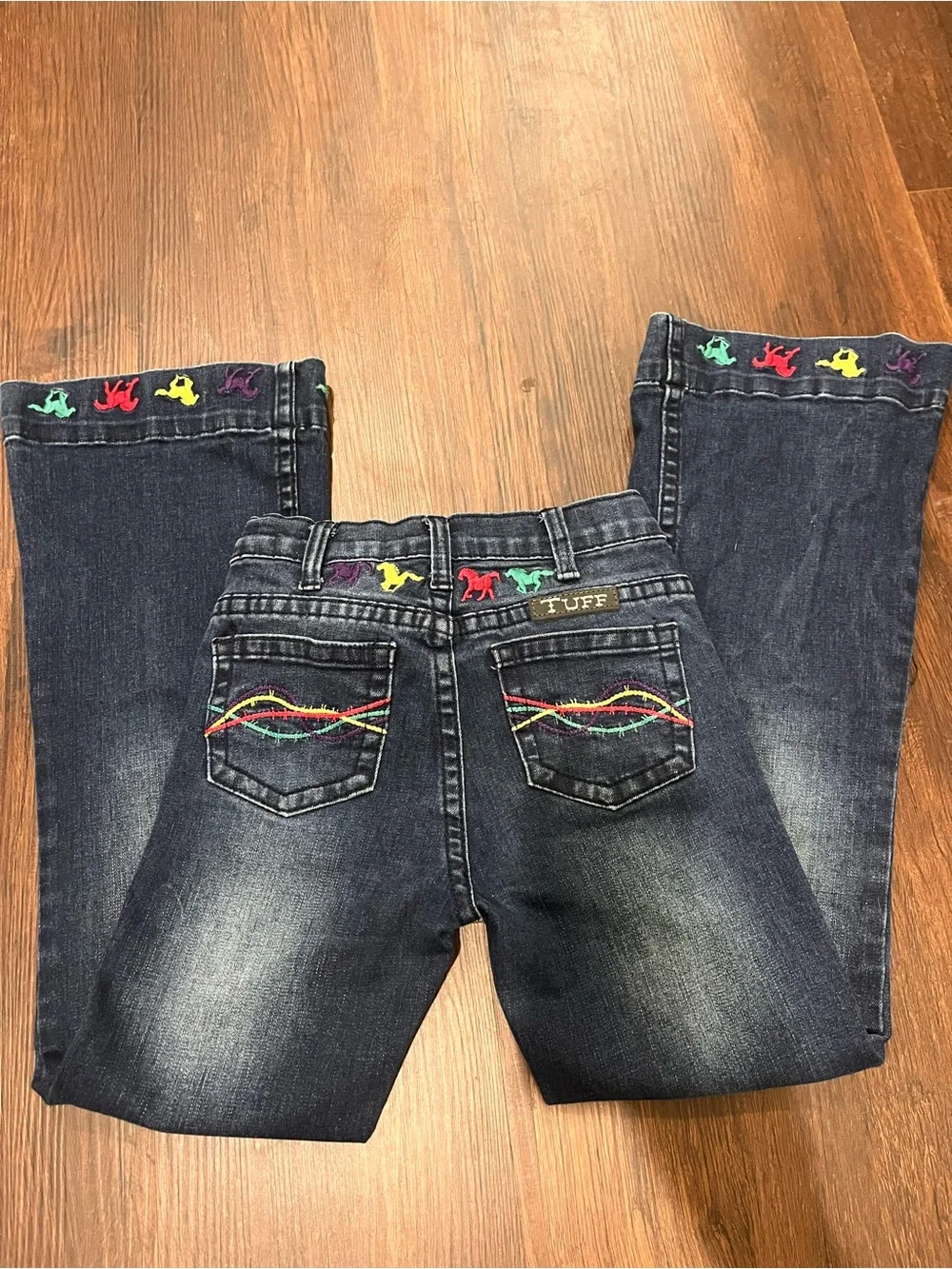Cowgirl Tuff Dark Blue Flared Jeans with Multicolor Embroidered Horses Girls 8